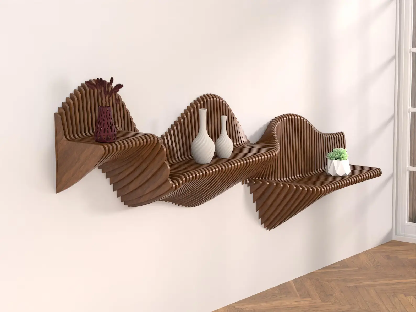 Parametric wavy shelf - Wood wall decoration - CNC and laser cutting files 