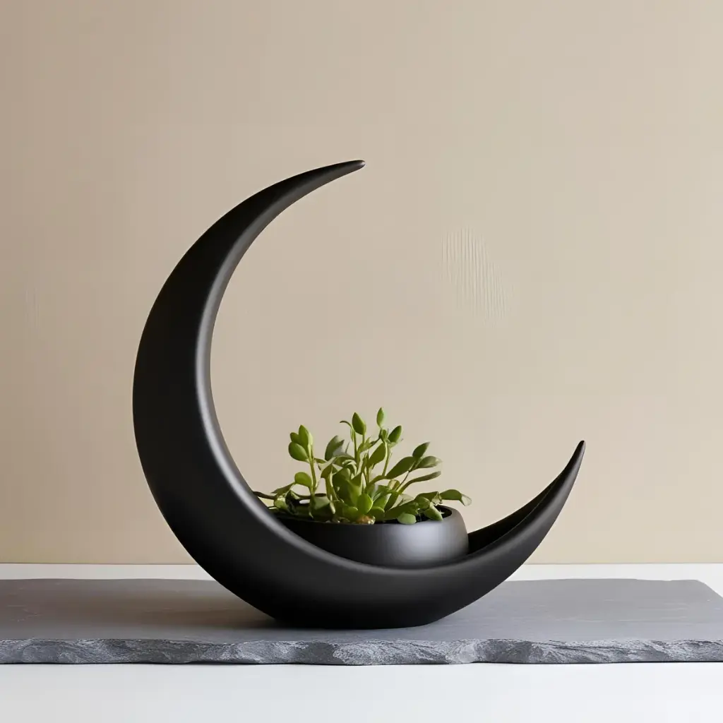 Crescent Moon Decoration With Elliptical Plant Pot
