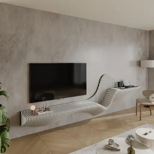 [Parametric Shelf Unit Wavy Wooden Tv Unit Design & Architecture Art Modern Furniture - CNC Router File ] رف الموج الخشبي للتلفزيون